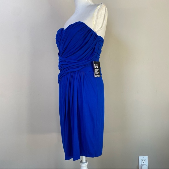 NWT Express draped ruched Y2K convertible strapless colbalt blue mini dress Sz L - Picture 3 of 14